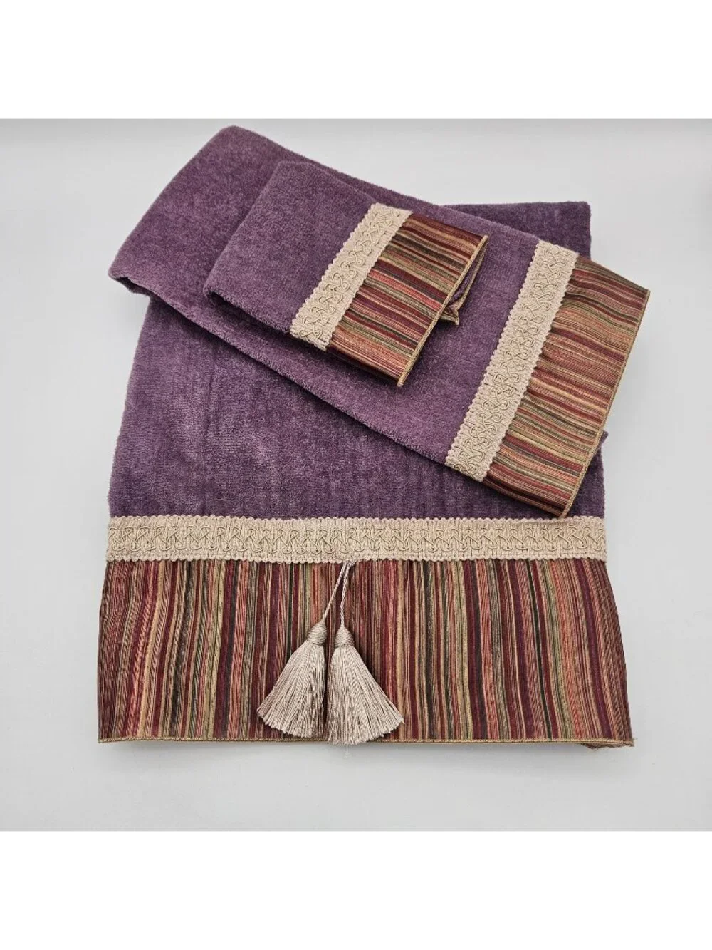 Vintage Avanti Elegant Purple Metallic Stripe Tassel 3 Piece Towel Set